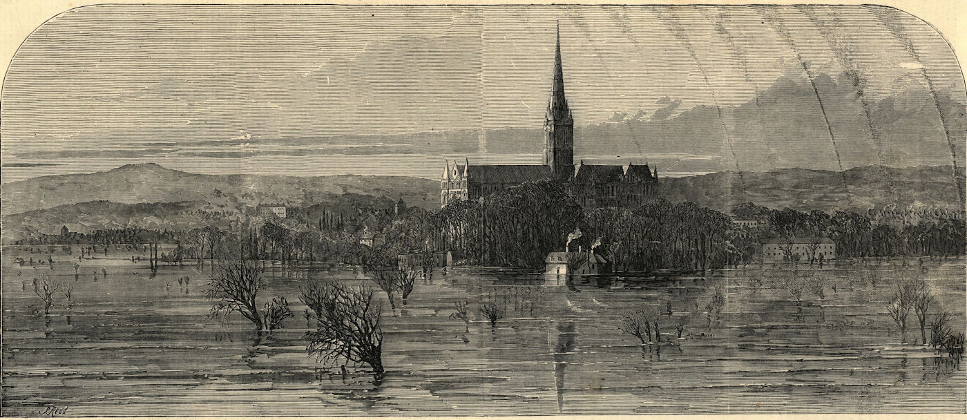 The city of Salisbury, during the recent floods. Wiltshire 1852 ILN full page