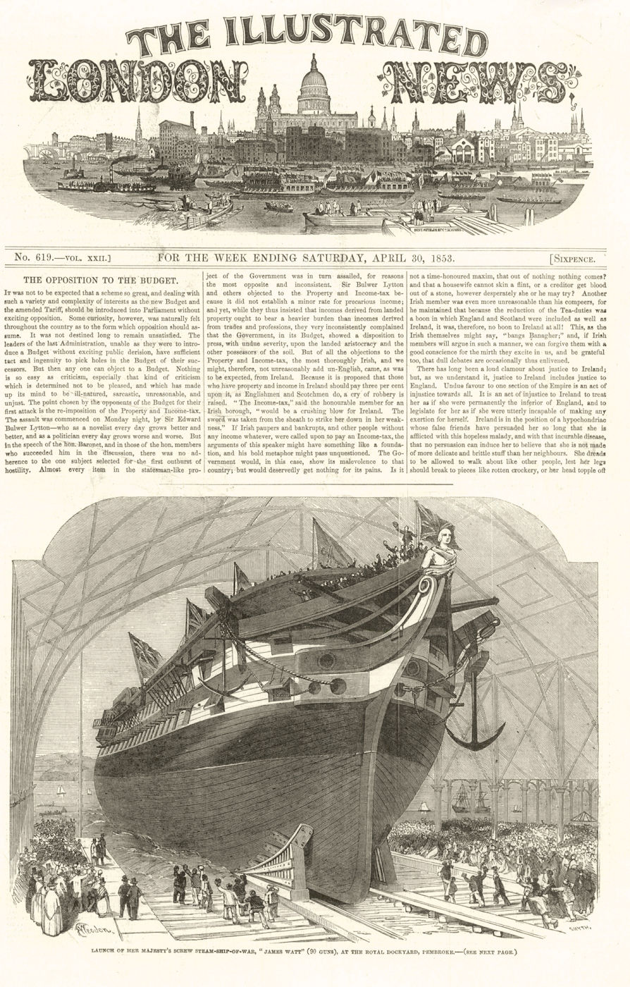 Launch of HMS James Watt, Royal Dockyard, Pembroke. Wales 1853 old print