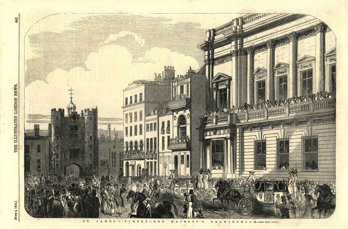 St. James's Street - Her Majesty's drawing room. London 1853 old antique print
