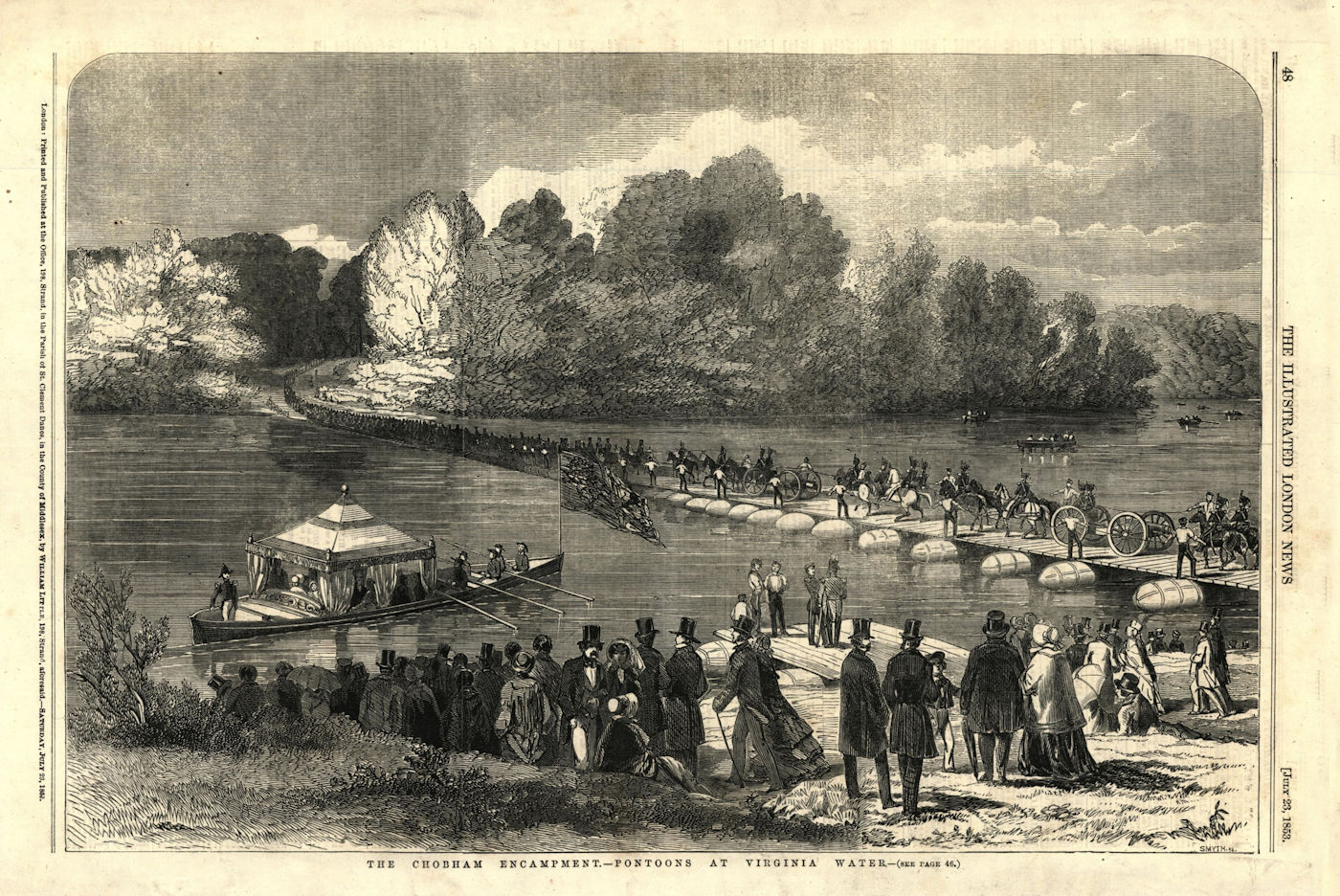 Associate Product The Chobham encampment - pontoons at Virginia Water. Surrey. Militaria 1853