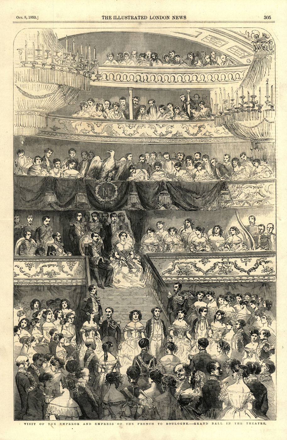 French Emperor in Boulogne - grand ball in the theatre 1853 old antique print
