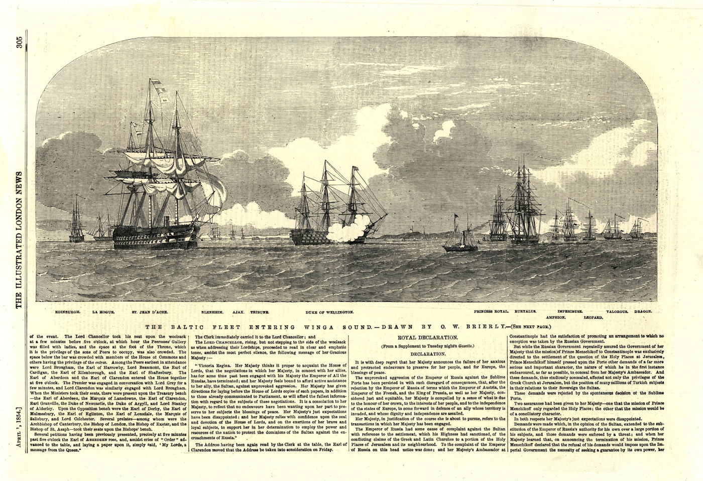The Baltic Fleet entering Wingo Sound. Hogue Ajax Tribune Euryalus Dragon 1854