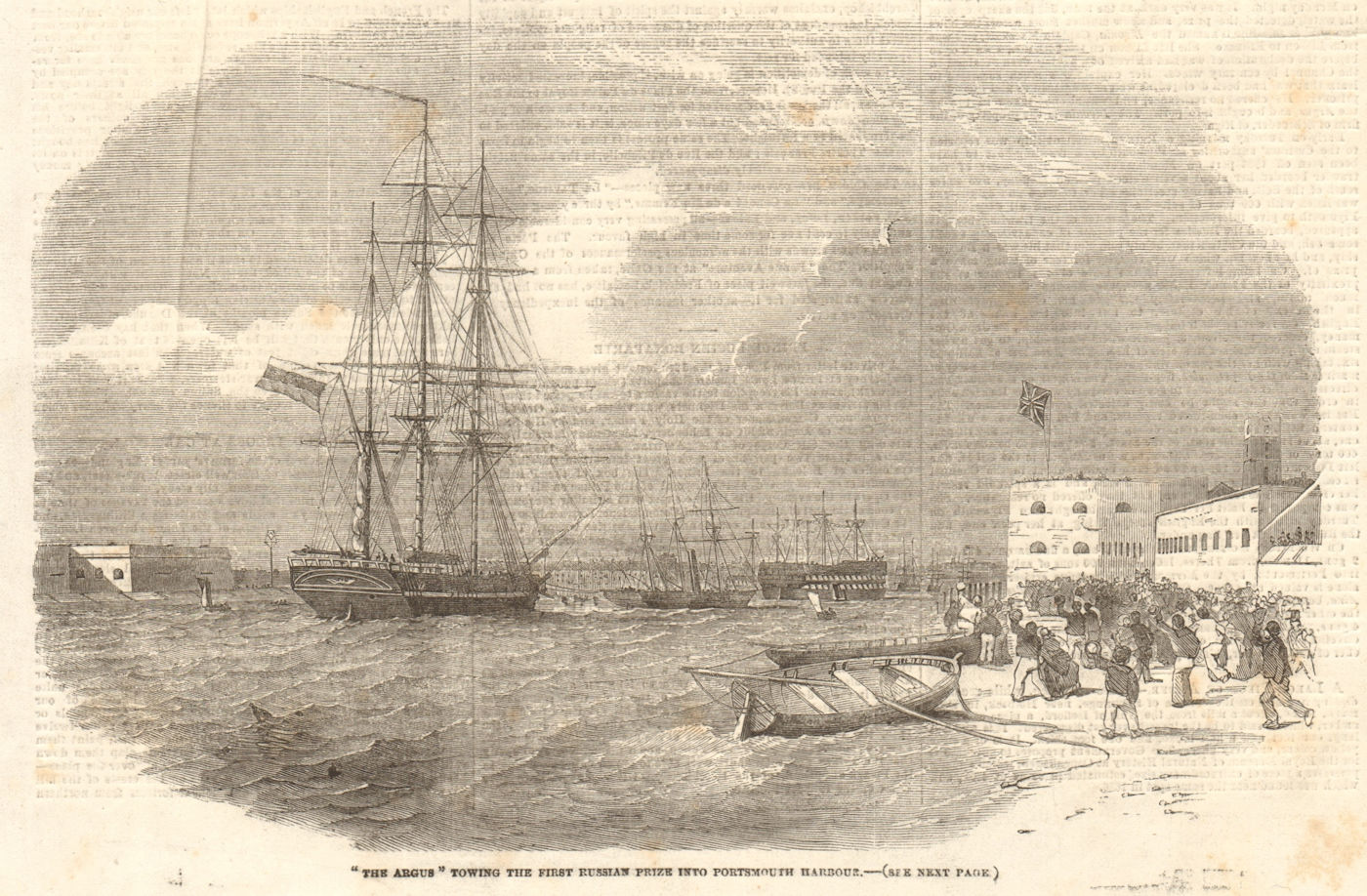 The Argus towing a Russian prize into Portsmouth harbour. Hampshire. Ships 1854