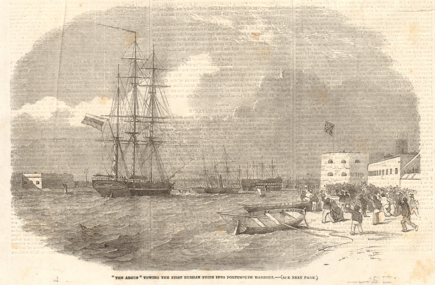 Associate Product The Argus towing a Russian prize into Portsmouth harbour. Hampshire. Ships 1854