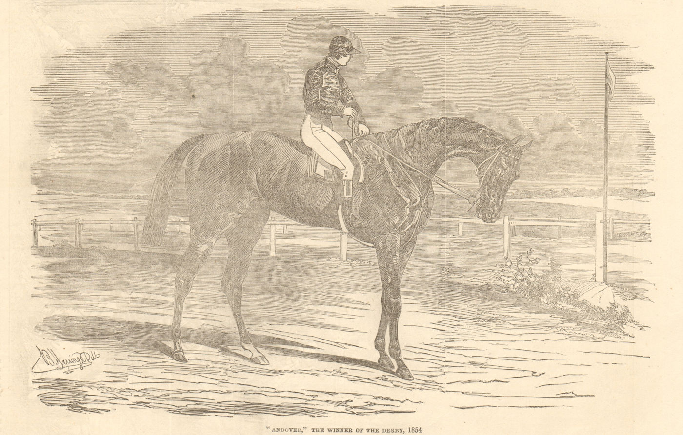 "Andover", the winner of The Derby. Surrey. Racing 1854 old antique print