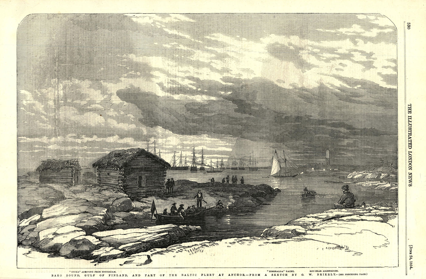 Baro Sound, Gulf of Finland. Baltic Fleet at anchor. Reu-Skar Lighthouse 1854