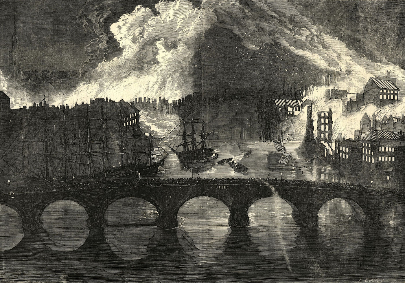 Associate Product The great fires at Newcastle & Gateshead from the High Level Bridge 1854
