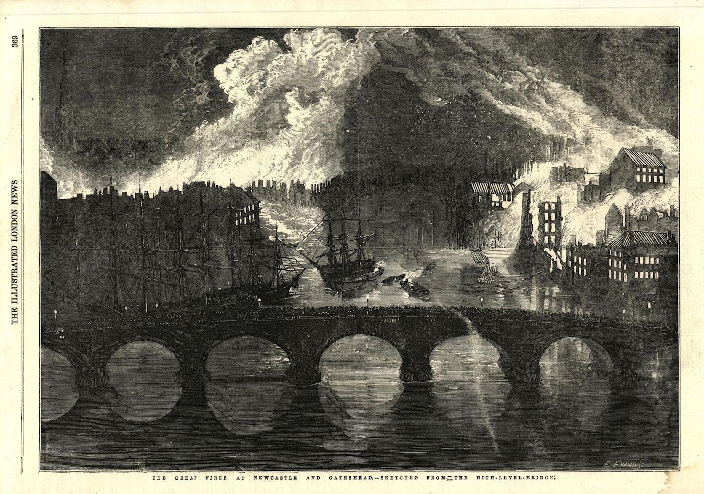 Associate Product The great fires at Newcastle & Gateshead from the High Level Bridge 1854 print