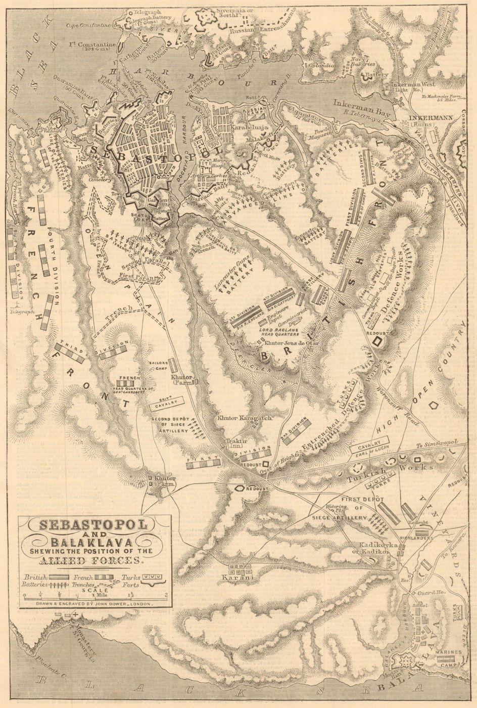 Sevastopol & Balaklava. Position of the Allied Forces. Crimean War 1854 map