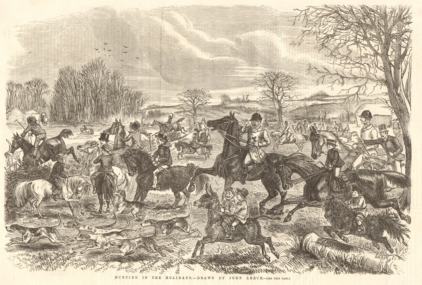 Hunting in the holidays - drawn by John Leech. England 1855 old antique print