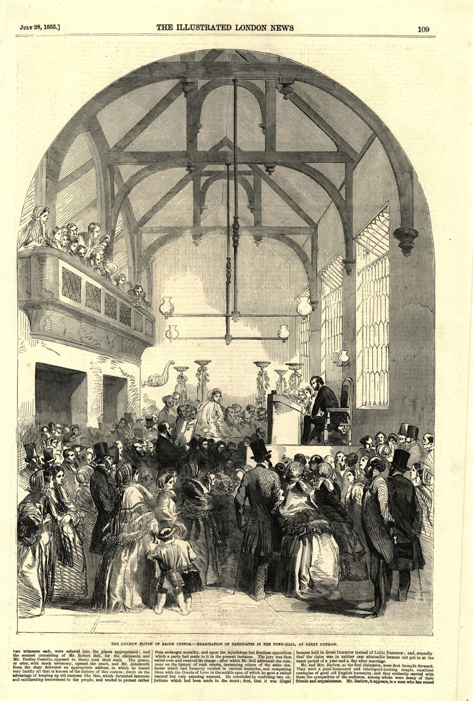 Flitch of bacon custom. Examination of candidates, Great Dunmow town hall 1855