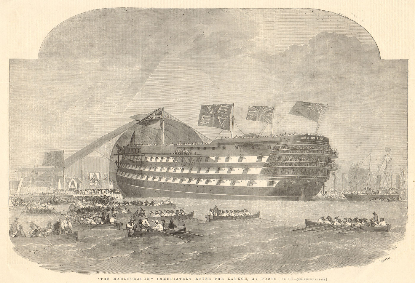 Associate Product The Marlborough, immediately after the launch, at Portsmouth. Ships 1855