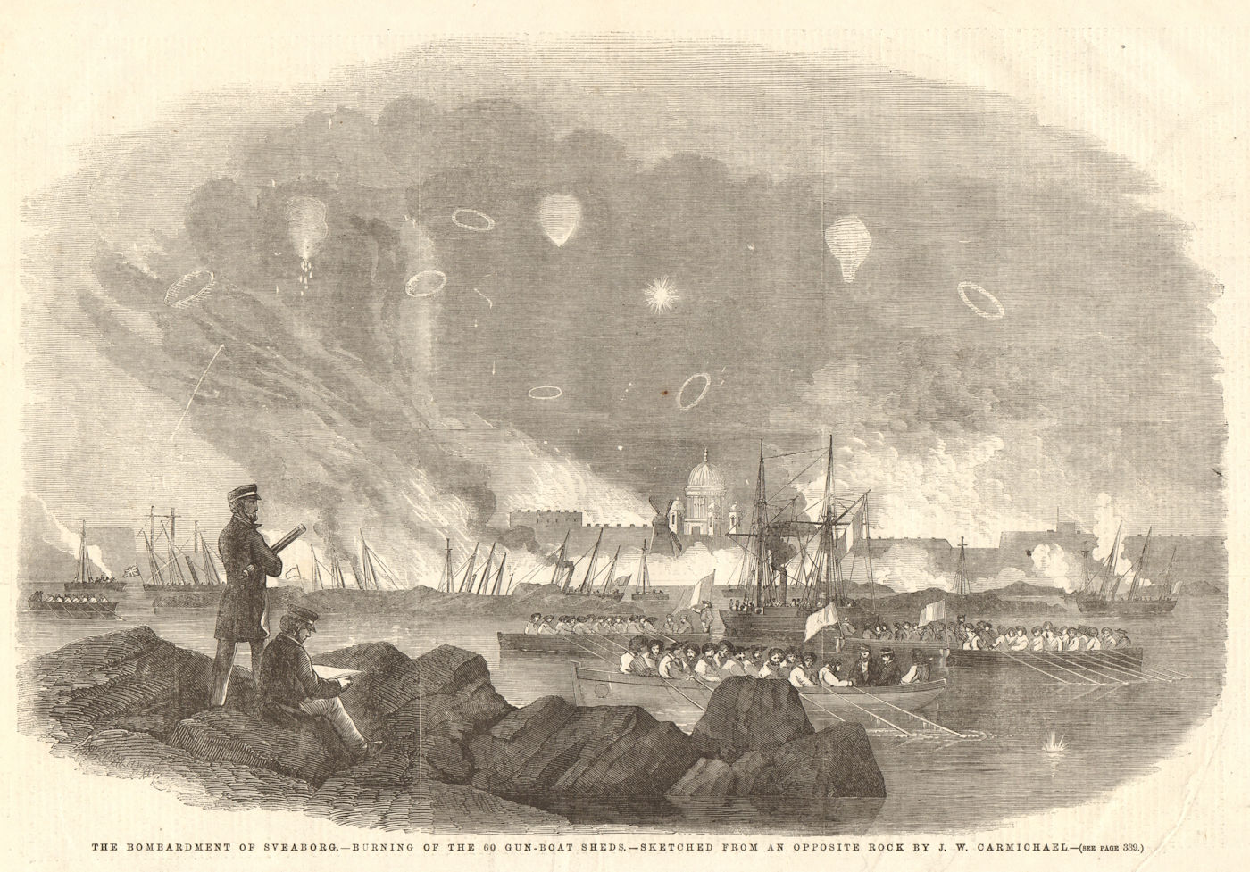 Associate Product Bombardment of Sveaborg (Suomenlinna). Burning 60 gun-boat sheds. Finland 1855