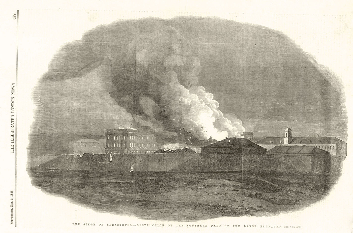 Siege of Sevastopol. Destruction of part of Large Barracks. Crimean War 1855