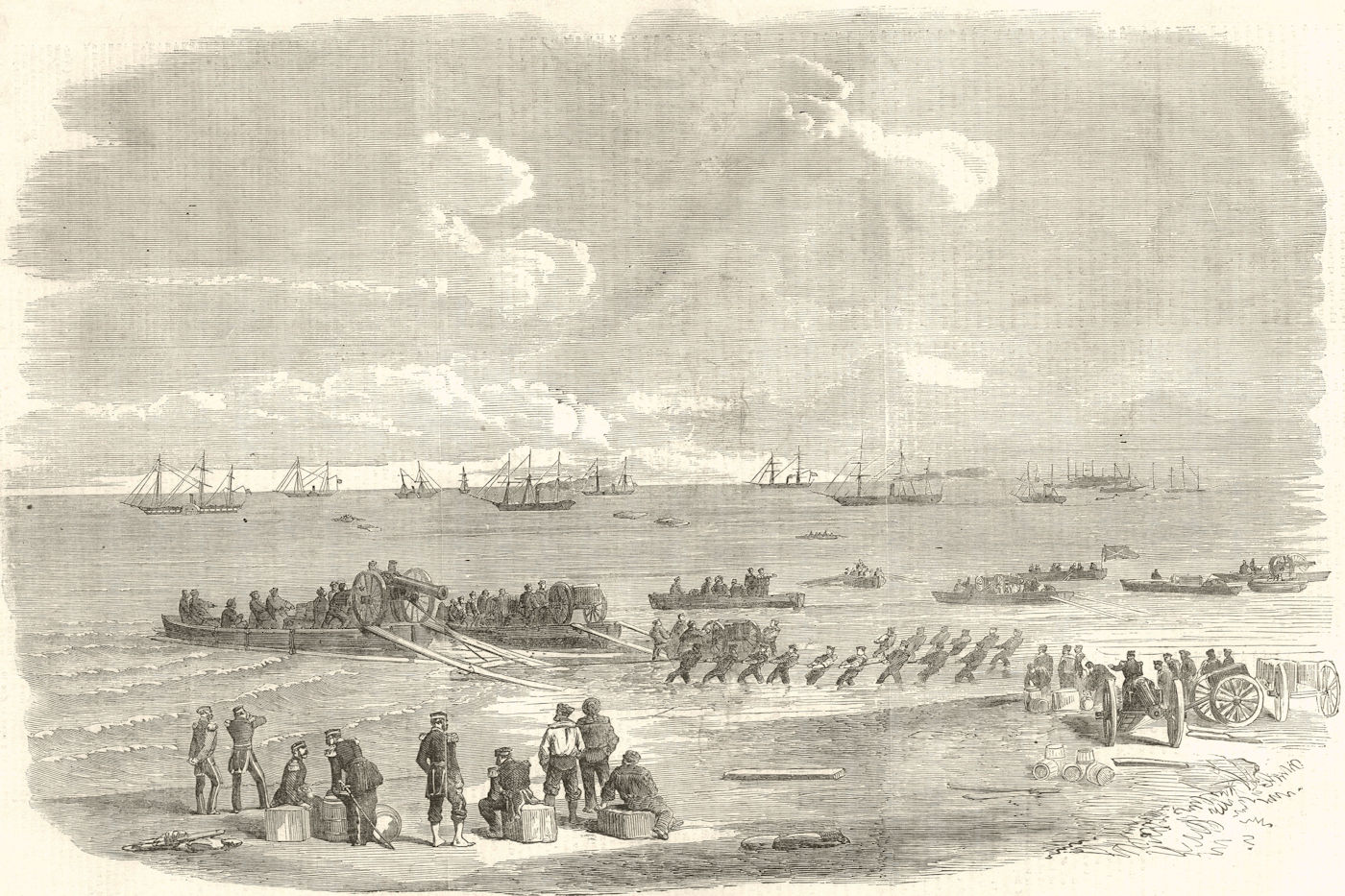 Associate Product Landing Artillery on the spit, Kinburnska. Crimean War 1855 antique ILN page