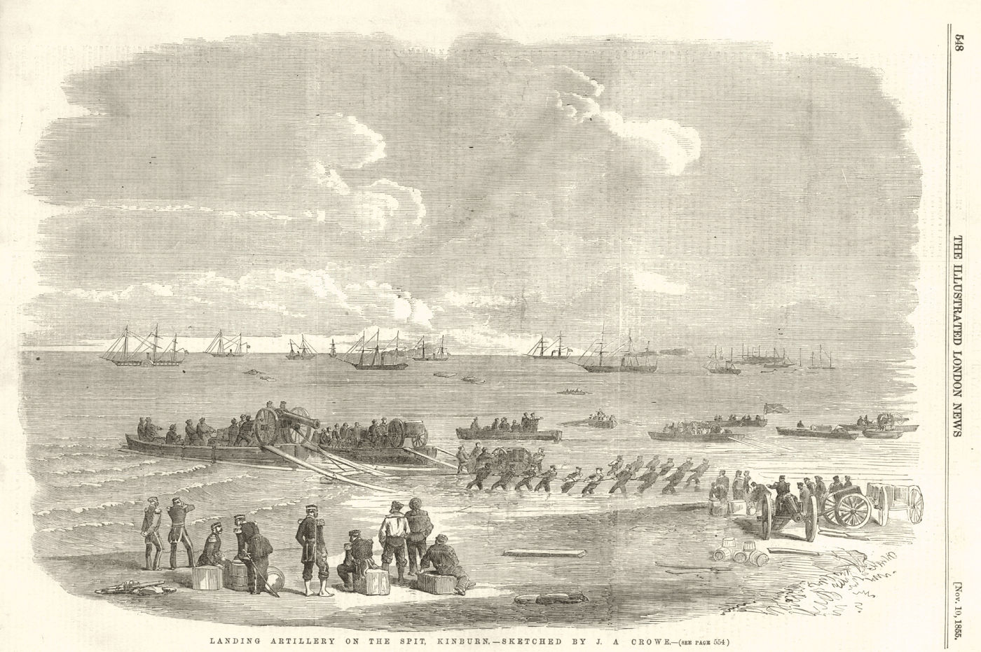 Landing Artillery on the spit, Kinburnska. Crimean War 1855 old antique print