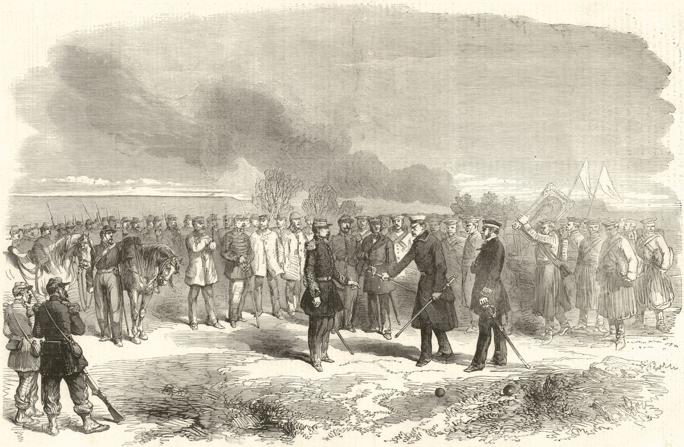 Associate Product Surrender of the Russian General at Kinburnska. Crimean War 1855 ILN full page