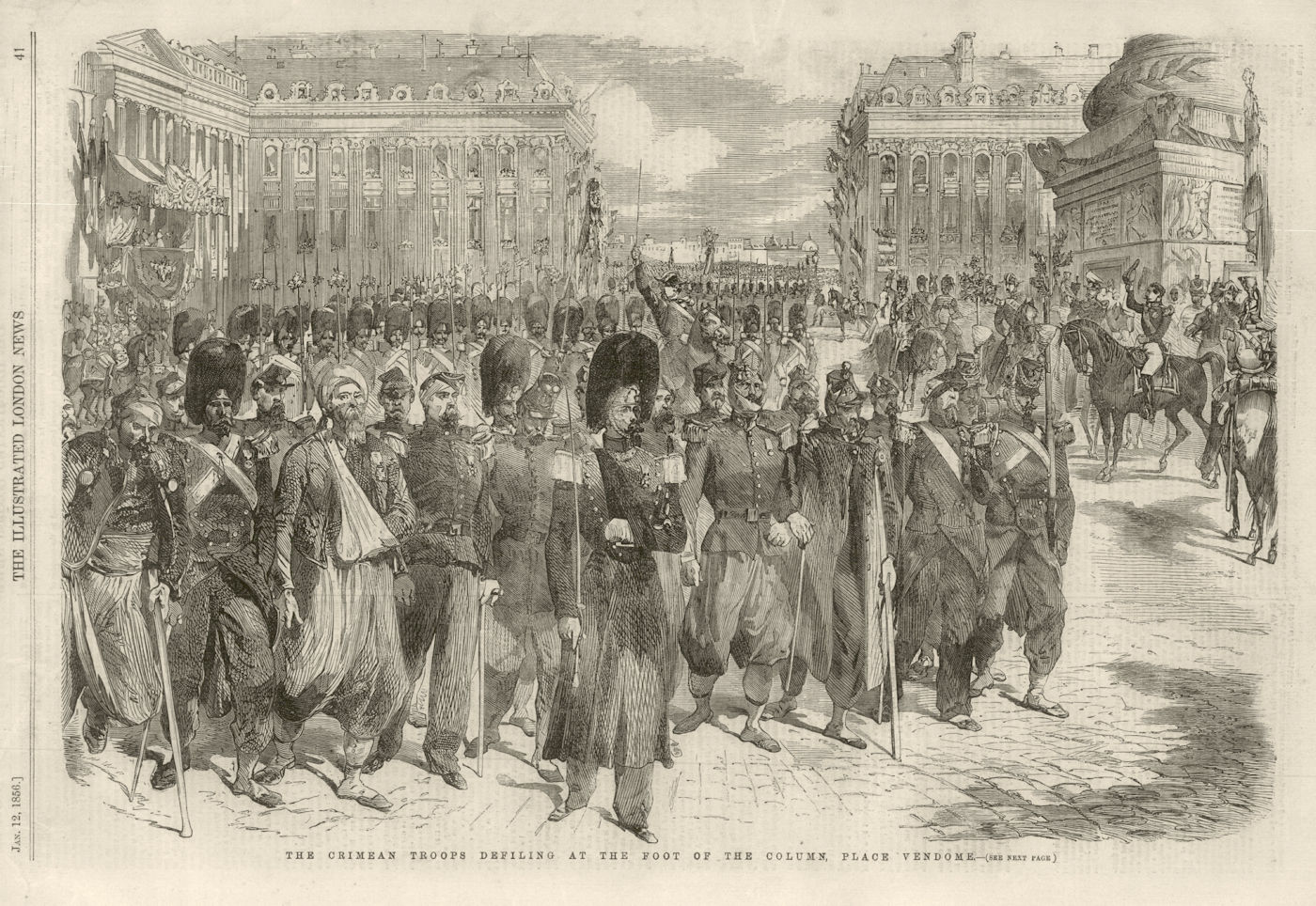The Crimean troops at the foot of the column, Place Vendome. Paris 1856 print