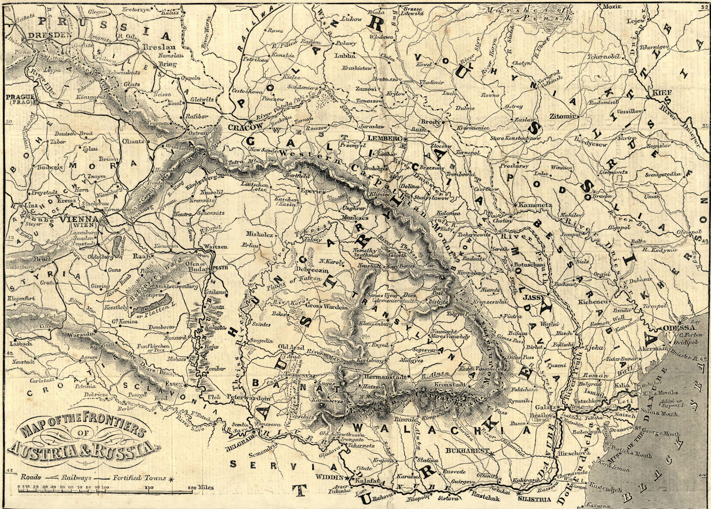 The frontiers of Austria & Russia. Romania Hungary Moldova Poland 1856 map
