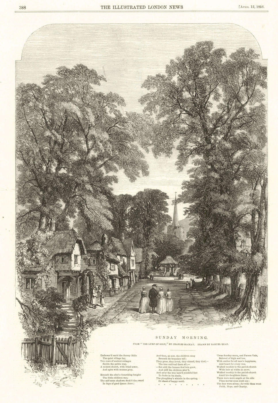 Sunday Morning. From "The Lump of Gold" by Charles Mackay. Surrey village 1856