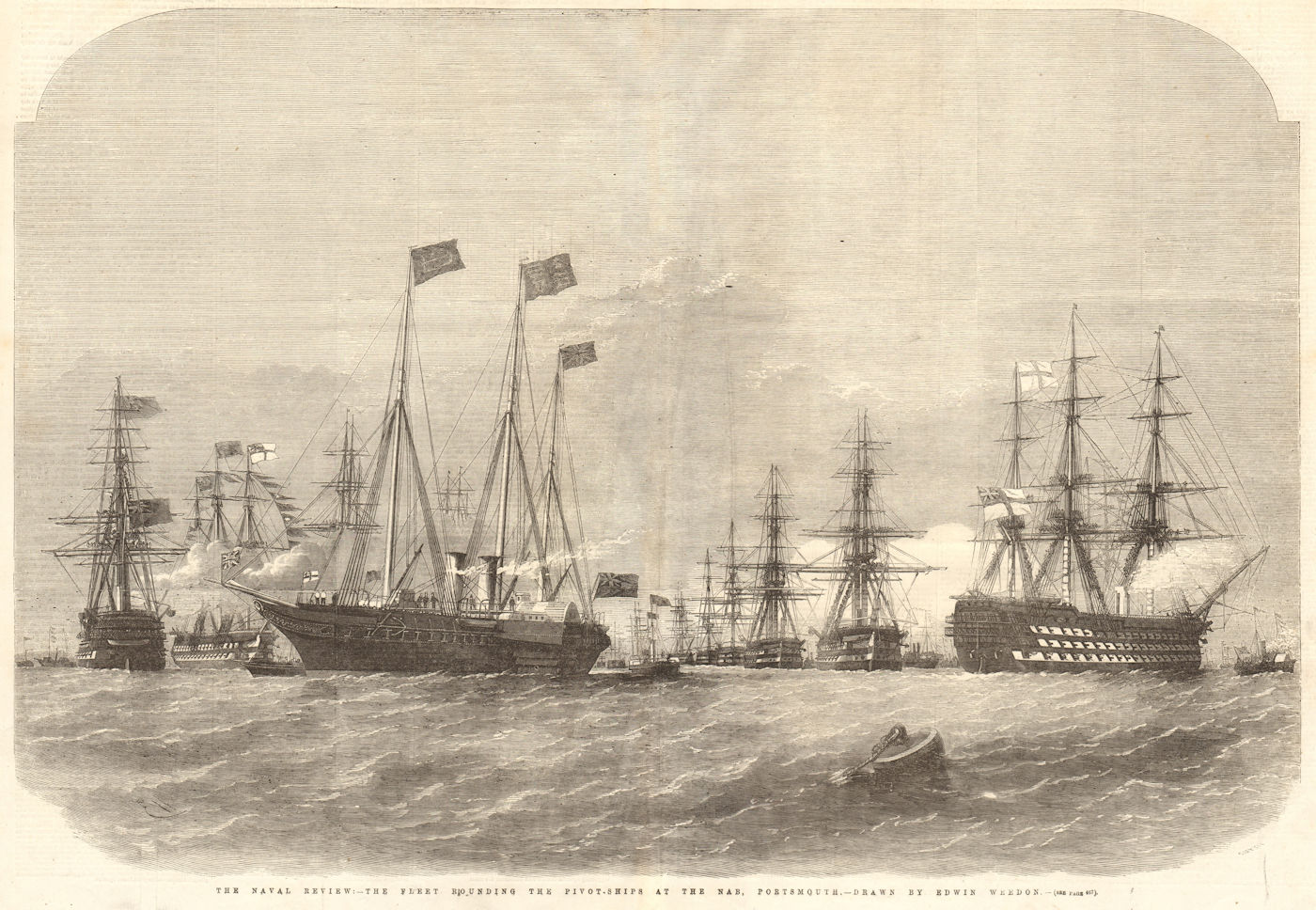 Associate Product The Naval Review: the fleet rounding the pivot-ships at the Nab, Portsmouth 1856