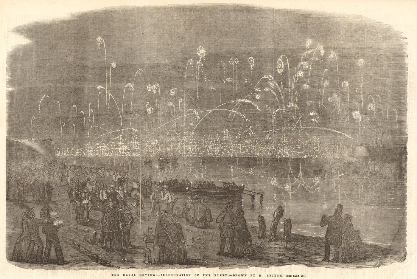The Naval Review - illumination of the fleet. Portsmouth. Ships 1856 old print
