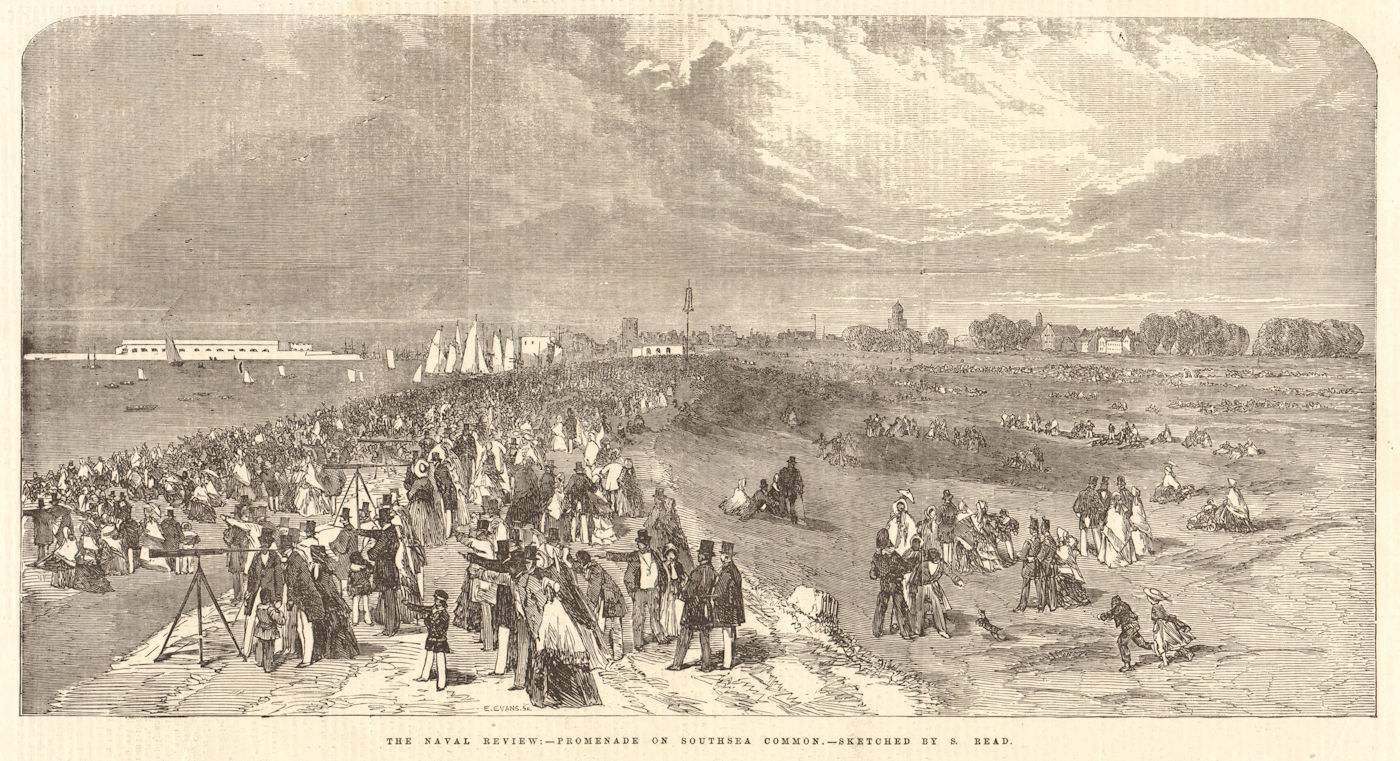 The Naval Review - promenade on Southsea Common. Hampshire 1856 old print