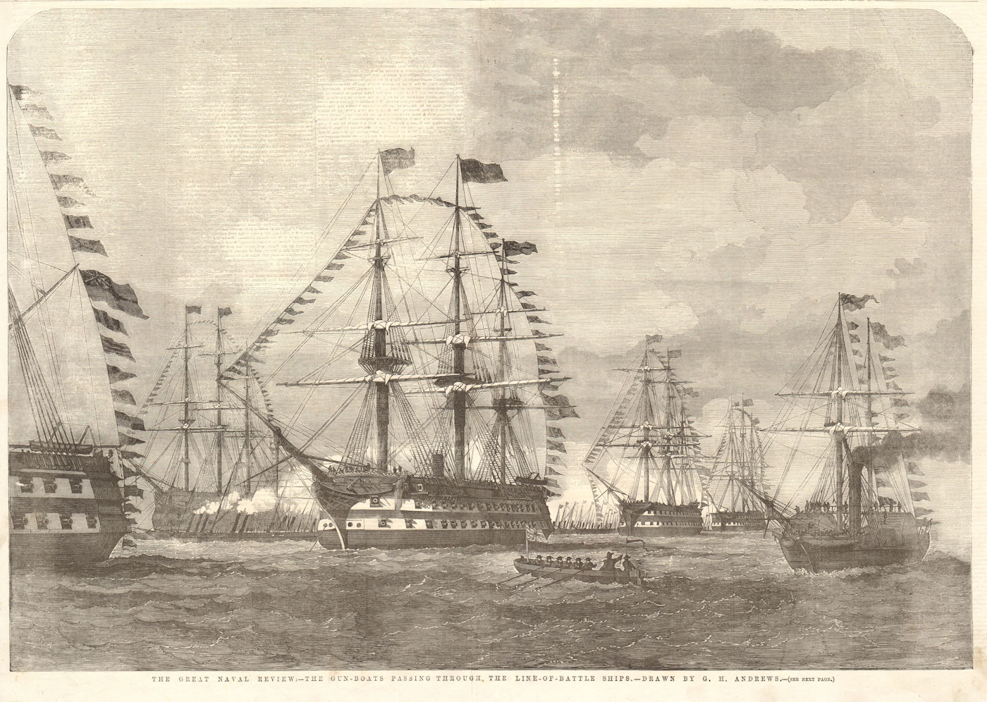 Associate Product Naval Review: the gun-boats passing the line-of-battleships. Portsmouth 1856
