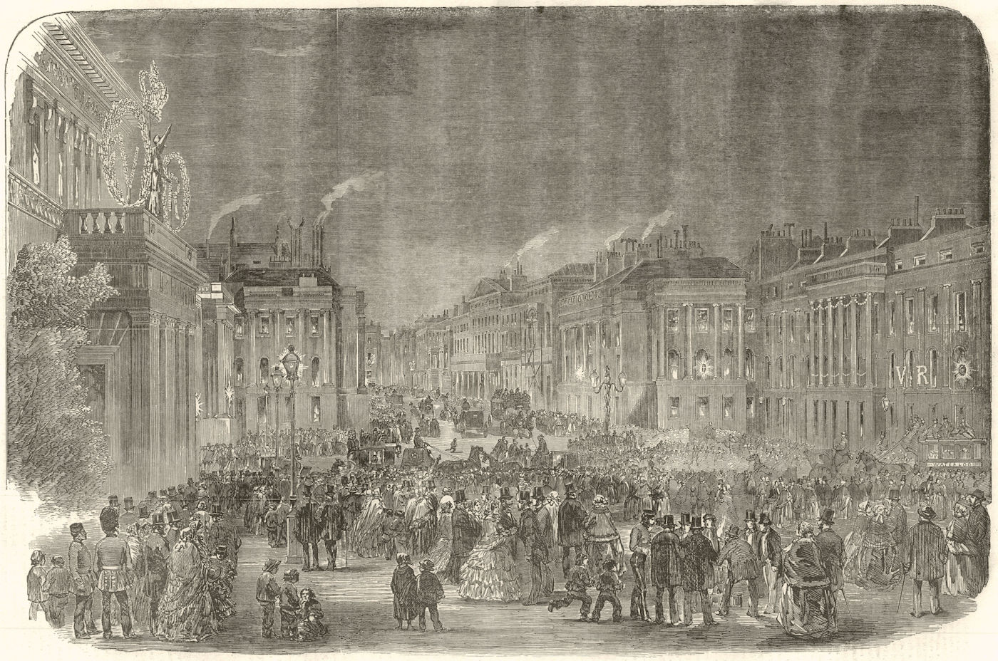 Crimean War. Peace Illuminations - Waterloo-Place. London 1856 ILN full page