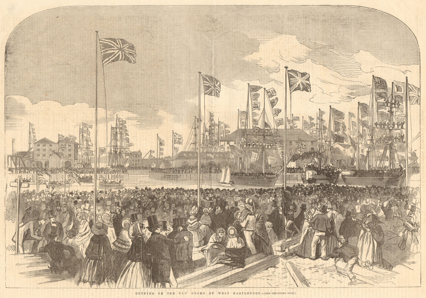 Opening of the new docks at west Hartlepool. Durham. Ports 1856 old print