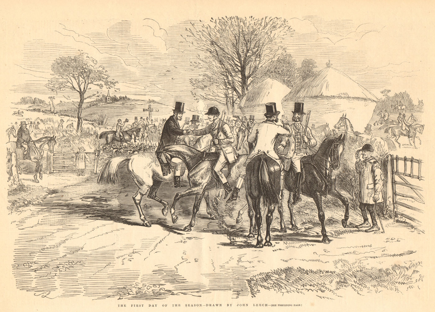 The first day of the season - drawn by John Leech. Hunting. Hunting 1856 print