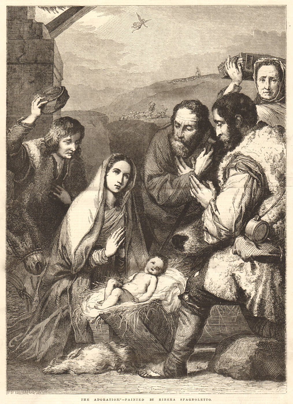 The Adoration - painted by Ribera Spagnoletto. Religious. Fine Arts 1856 print