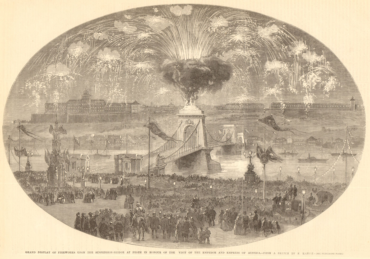 Fireworks on Budapest suspension-bridge for the Austrian Emperor's visit 1857
