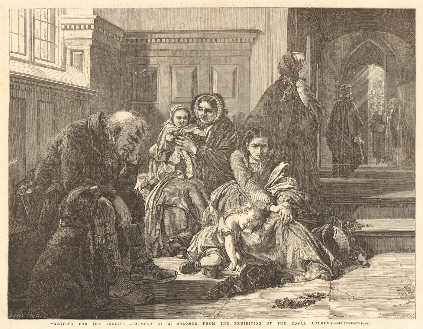 "Waiting for the verdict" - by A. Solomon. Law. Family 1857 antique ILN page