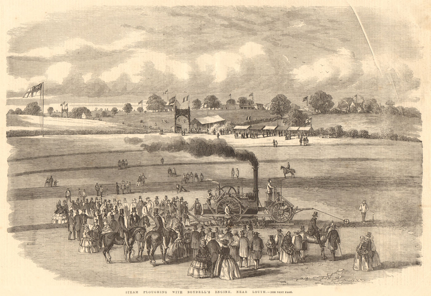 Steam ploughing with Boydell's engine, nr Louth. Lincolnshire. Engineering 1857