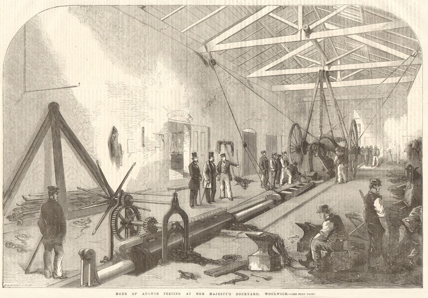 Anchor testing at Her Majesty's Dockyard, Woolwich. London. Engineering 1857