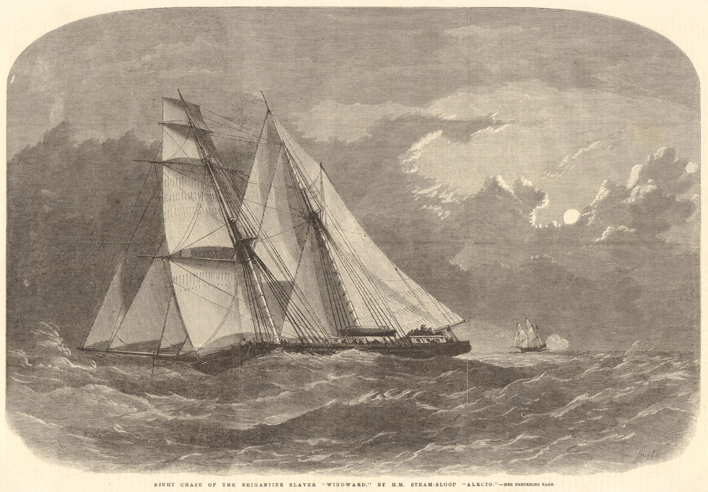 HM steam-Sloop Alecto chasing the Brigantine Slaver Windward. Africa 1858