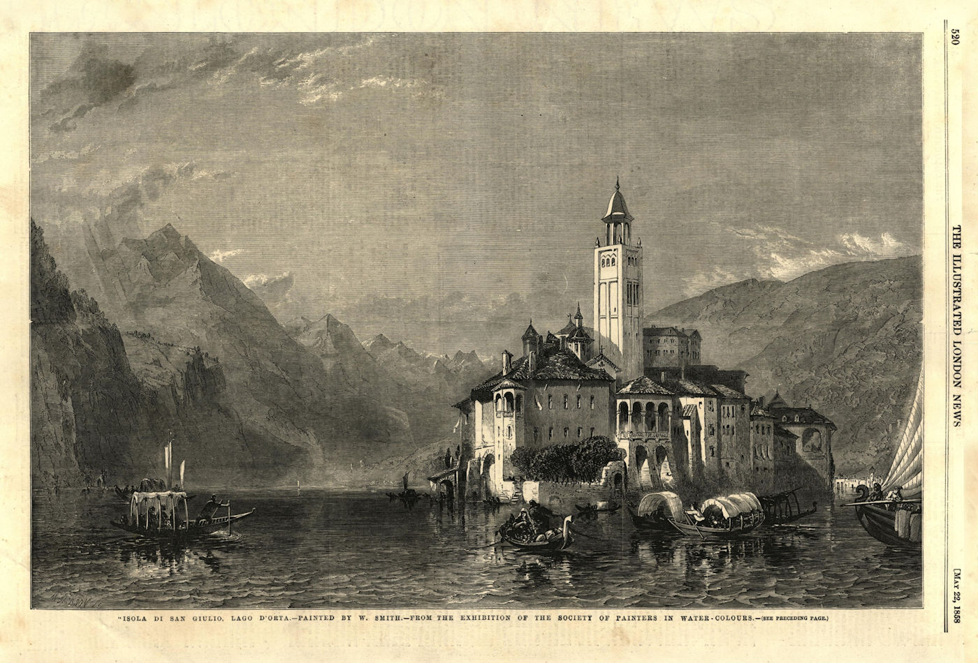Associate Product Isola di San Giulio, Lago d'Orta. Italy 1858 antique ILN full page print