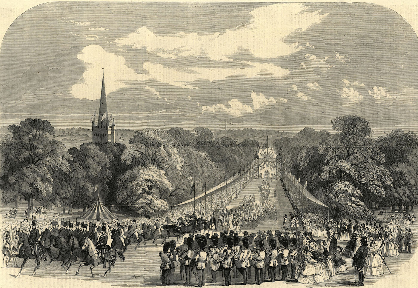 Queen Victoria passing up the avenue to Aston Hall, Birmingham 1858 ILN print