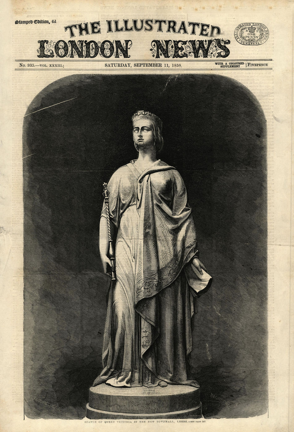 Statue of Queen Victoria in the new town hall, Leeds. Yorkshire 1858 old print