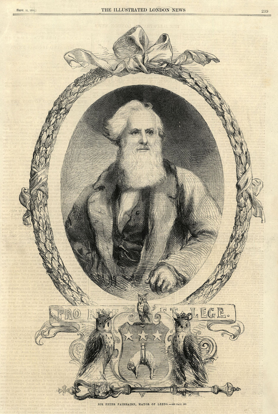 Sir Peter Fairbairn, Mayor of Leeds. Yorkshire 1858 antique ILN full page print