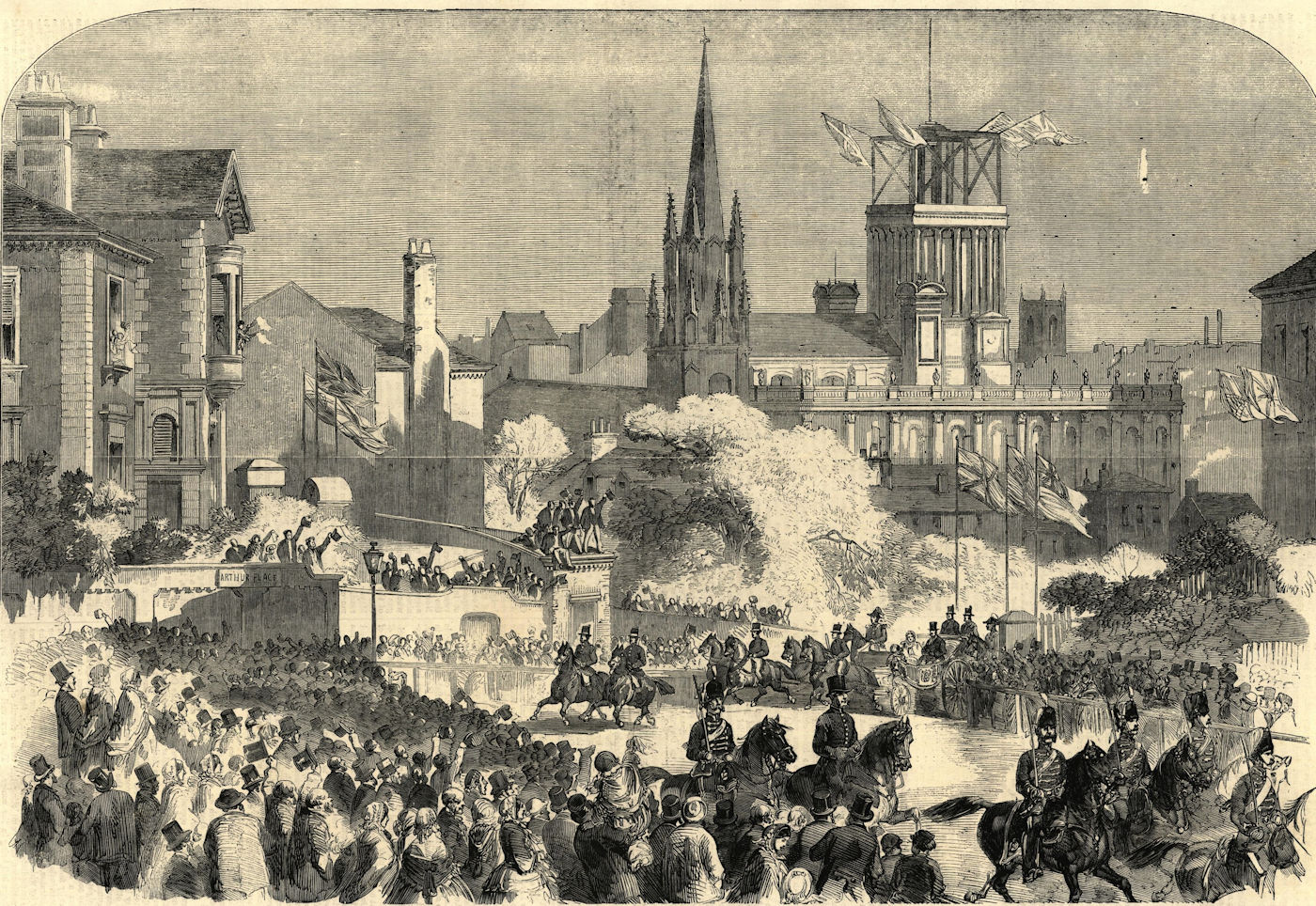 Queen Victoria passing through Clarendon Road, Leeds. Yorkshire 1858 ILN print