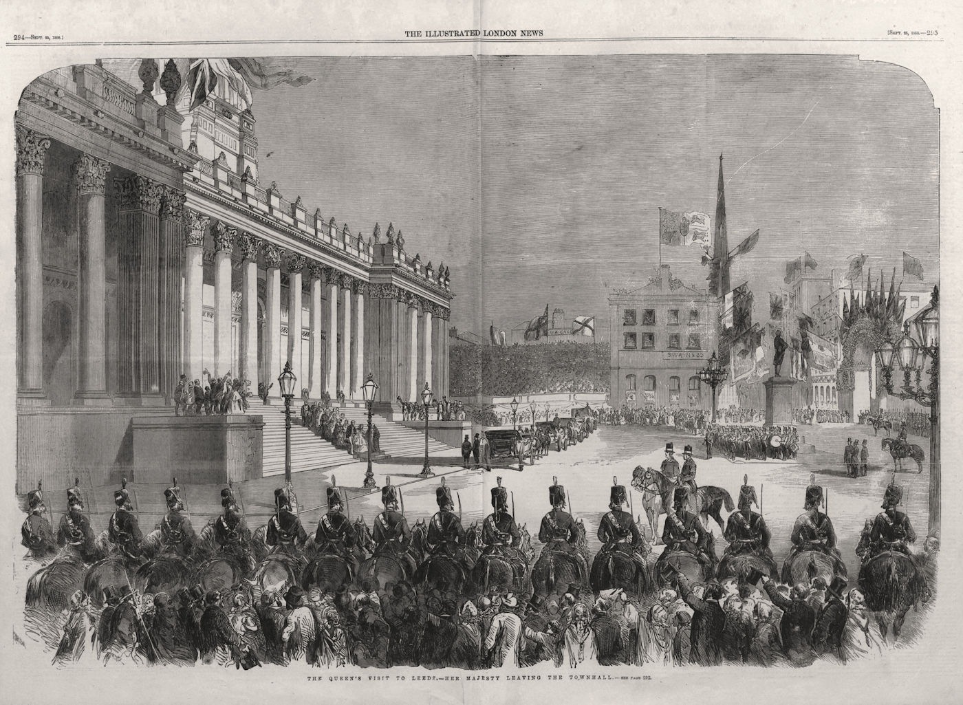 Queen Victoria's visit to Leeds. Leaving the town hall. Yorkshire 1858 print