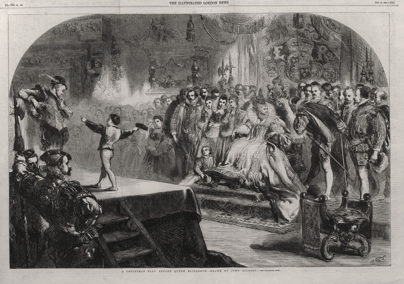A Christmas play before Queen Elizabeth. Perfoming Arts 1858 old antique print