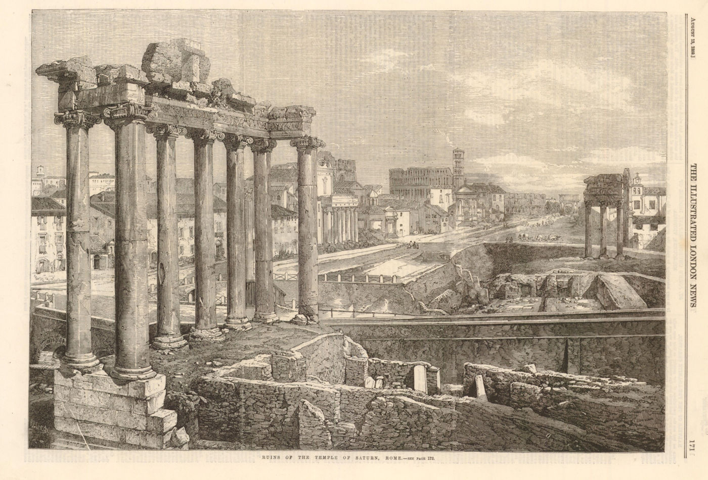 Ruins of the Temple of Saturn, Rome 1859 old antique vintage print picture