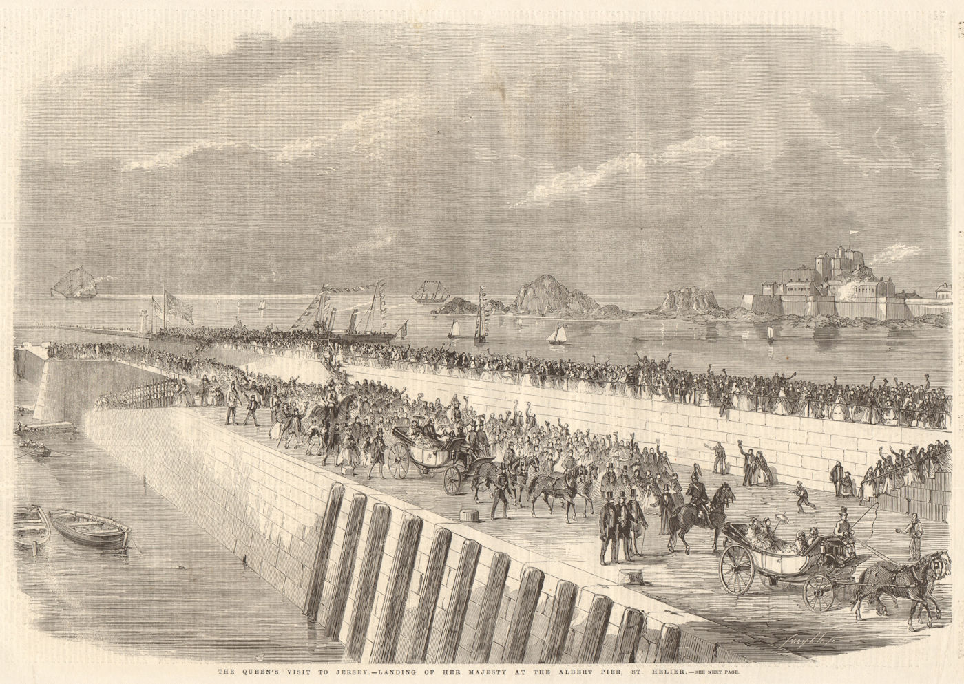 Associate Product Queen Victoria landing at the Albert Pier, St. Helier, Jersey 1859 old print