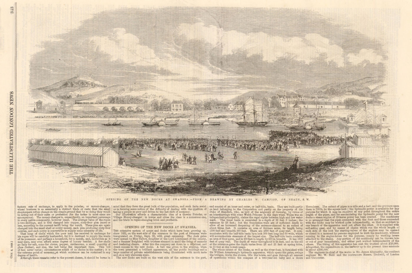Opening of the new Docks at Swansea. Wales 1859 old antique print picture