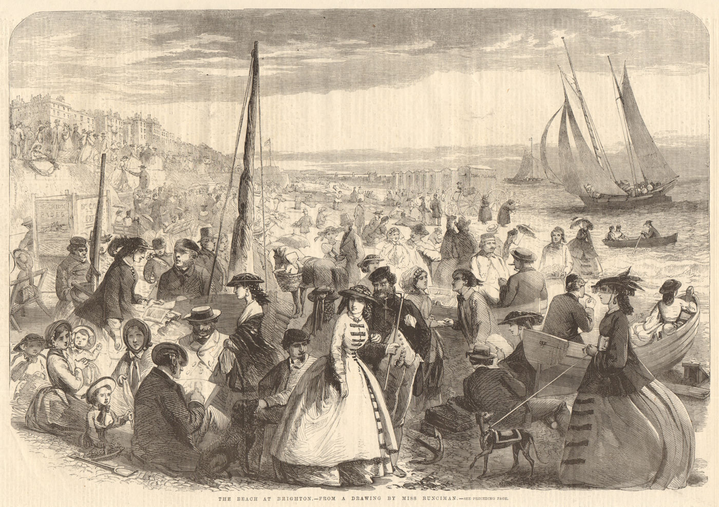 The beach at Brighton - from a drawing by Miss Runciman. Sussex. Society 1859