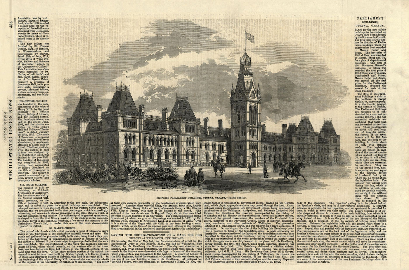 Proposed parliament buildings, Ottawa, Canada 1859 old antique print picture