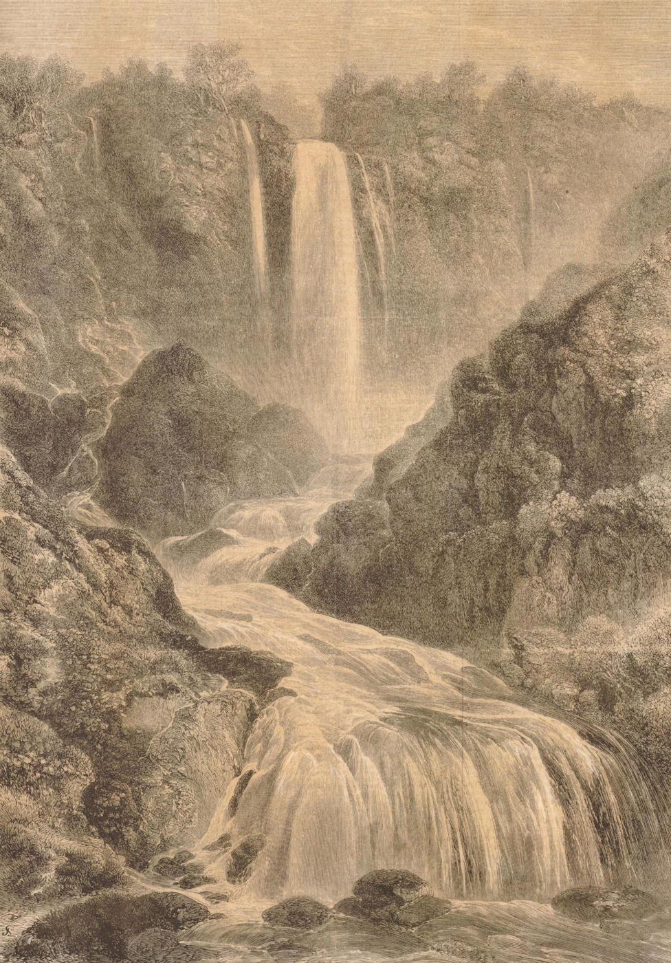 The Falls of Velino, Near Terni, Central Italy 1860 antique ILN full page print